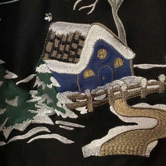 VTG Christmas Sweater Pullover Sweatshirt Black Embroidered Woodland Cabin Xl - Picture 8 of 8